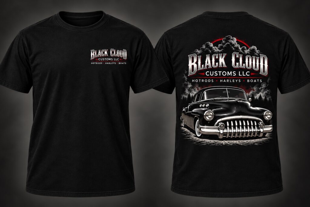 Actual approved Black Cloud Shirt #1 front and back product mockup