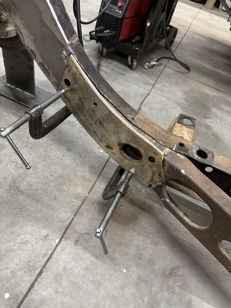 Close-up of the frame joint during fabrication.