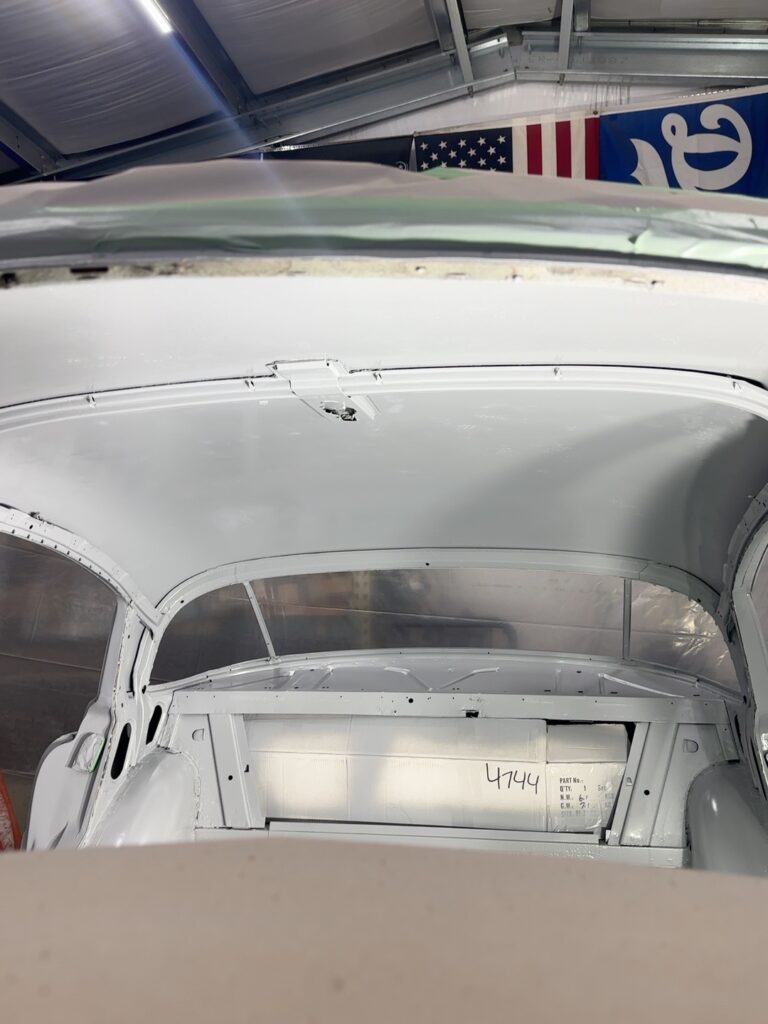 Primed roof and rear interior structure of Ole Nasty in the Black Cloud workshop